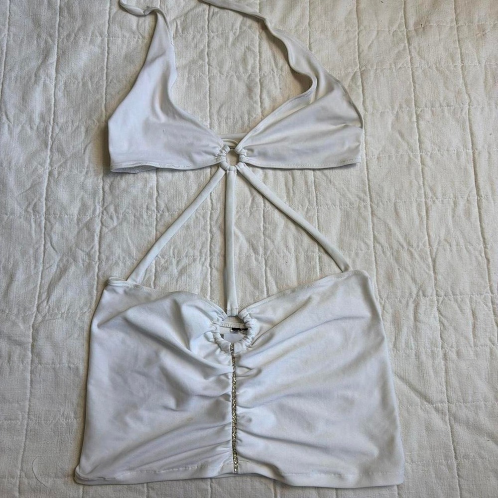 White Crystal Cutout Halter Dress Exotic Dancer Rave Festival Wear Small